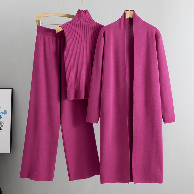 Knitting Suit Women Shawl Turtleneck Vest Wide Leg Pants Three Piece Set