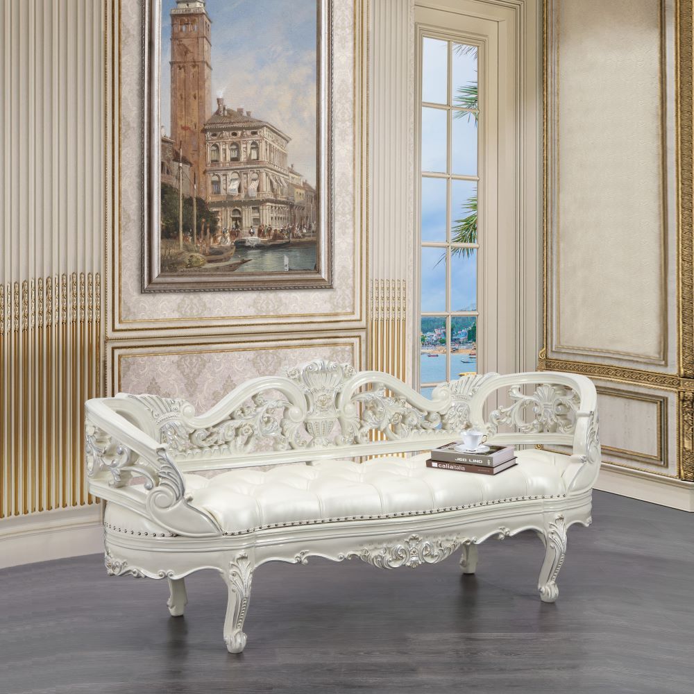 Adara - Pearl White Leather Antique White Bench
