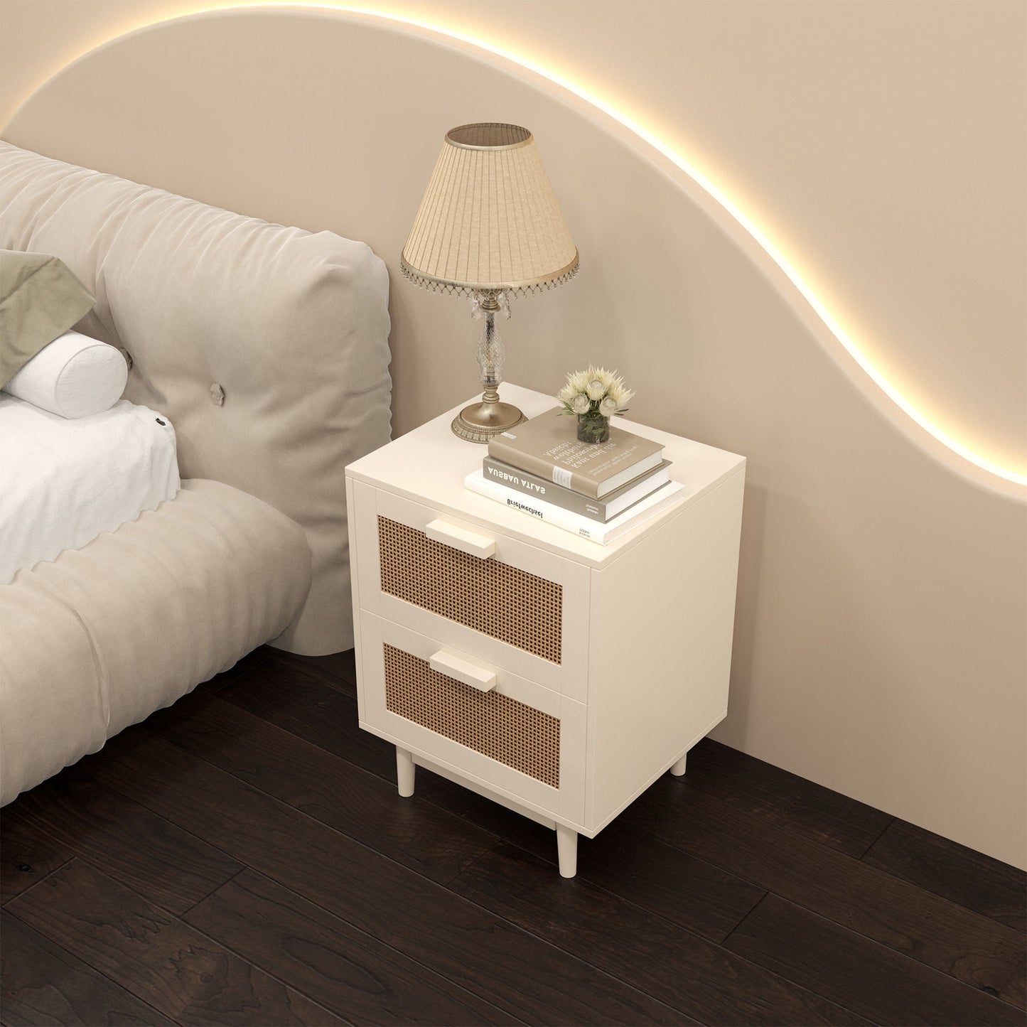 2-Drawer Rattan-Style Accent Table with Natural Wood Finish