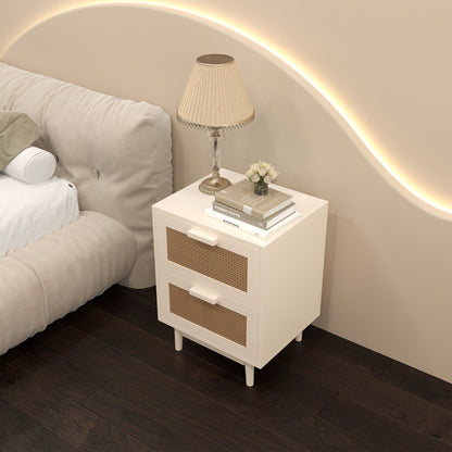 2-Drawer Rattan-Style Accent Table with Natural Wood Finish