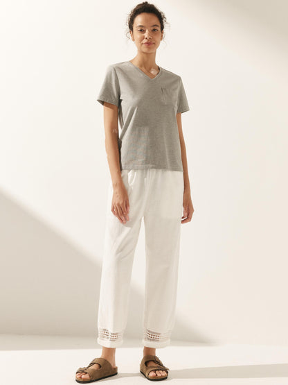 RITA Hollow Lace Stitching Elastic Waist Ankle Pants