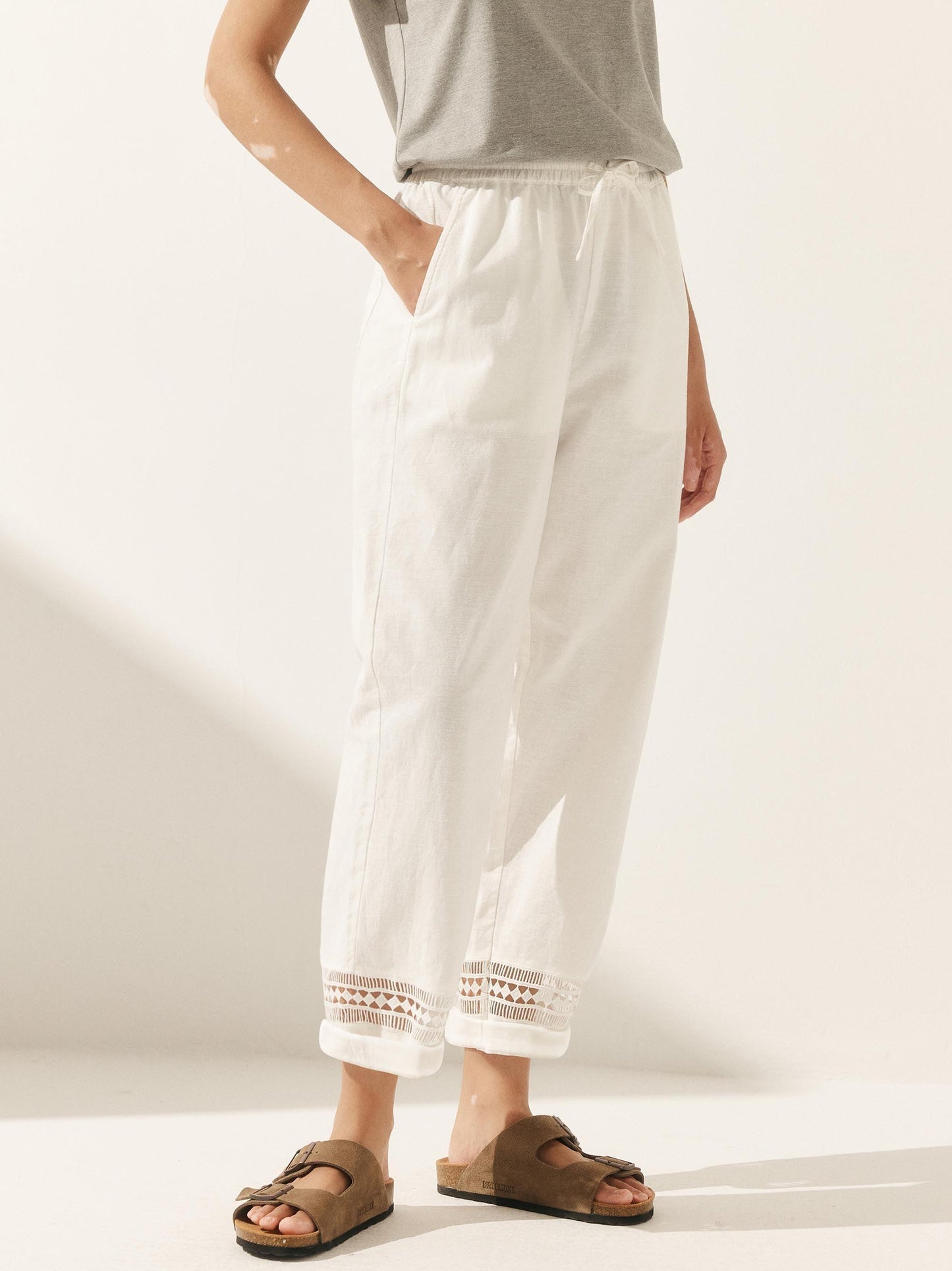 RITA Hollow Lace Stitching Elastic Waist Ankle Pants