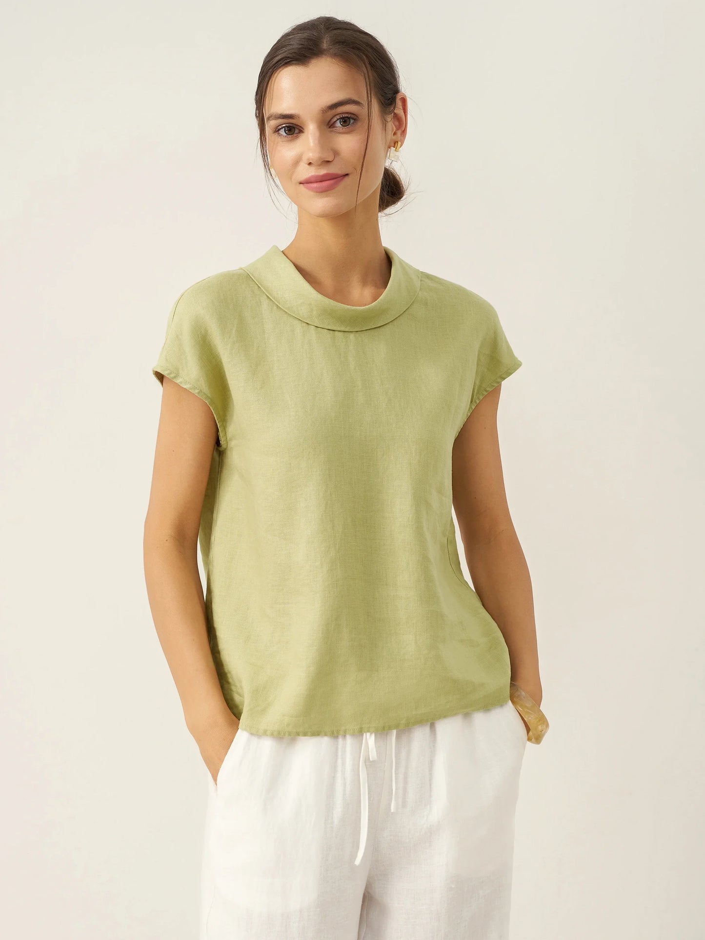 YVONNE Cap Sleeve Soft-Fold Collar Top