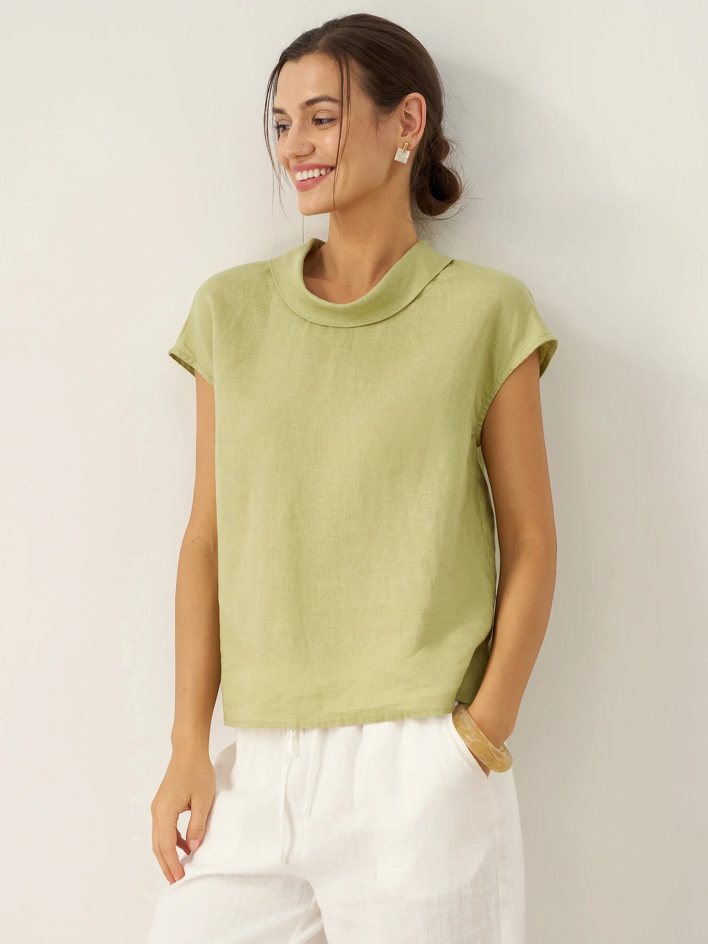 YVONNE Cap Sleeve Soft-Fold Collar Top