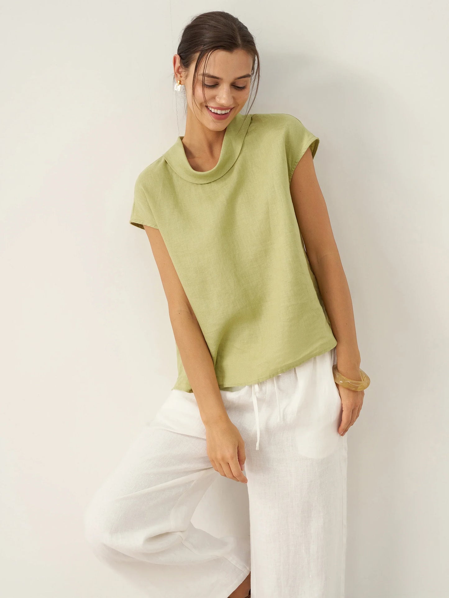 YVONNE Cap Sleeve Soft-Fold Collar Top