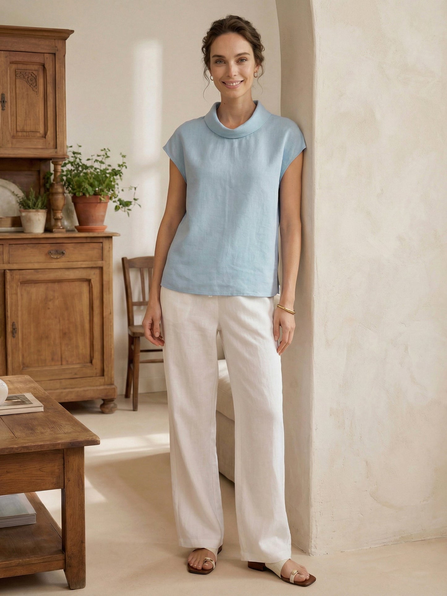YVONNE Cap Sleeve Soft-Fold Collar Top