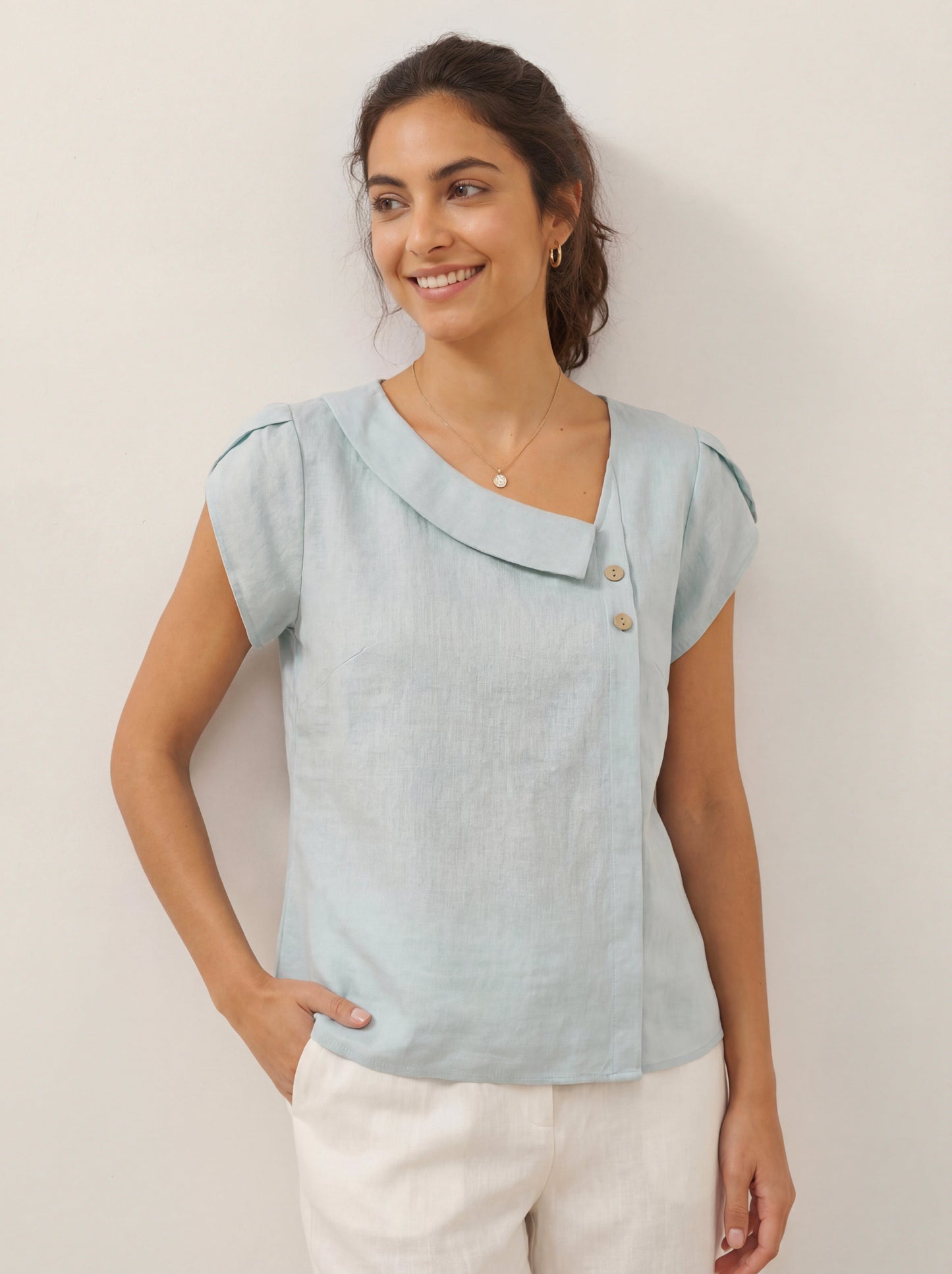 FARA Crescent Collar Flutter Sleeve Top