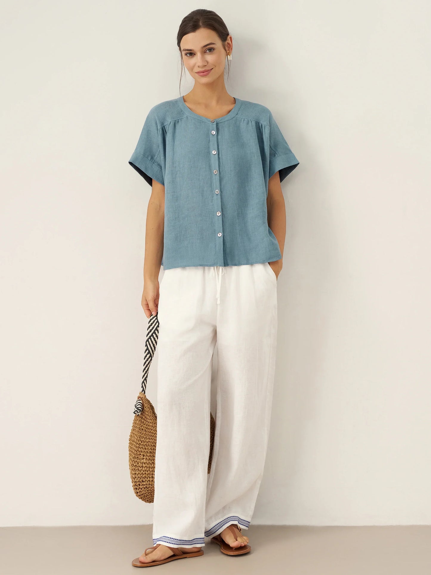 FENE Embroidered Elastic Waist Pants
