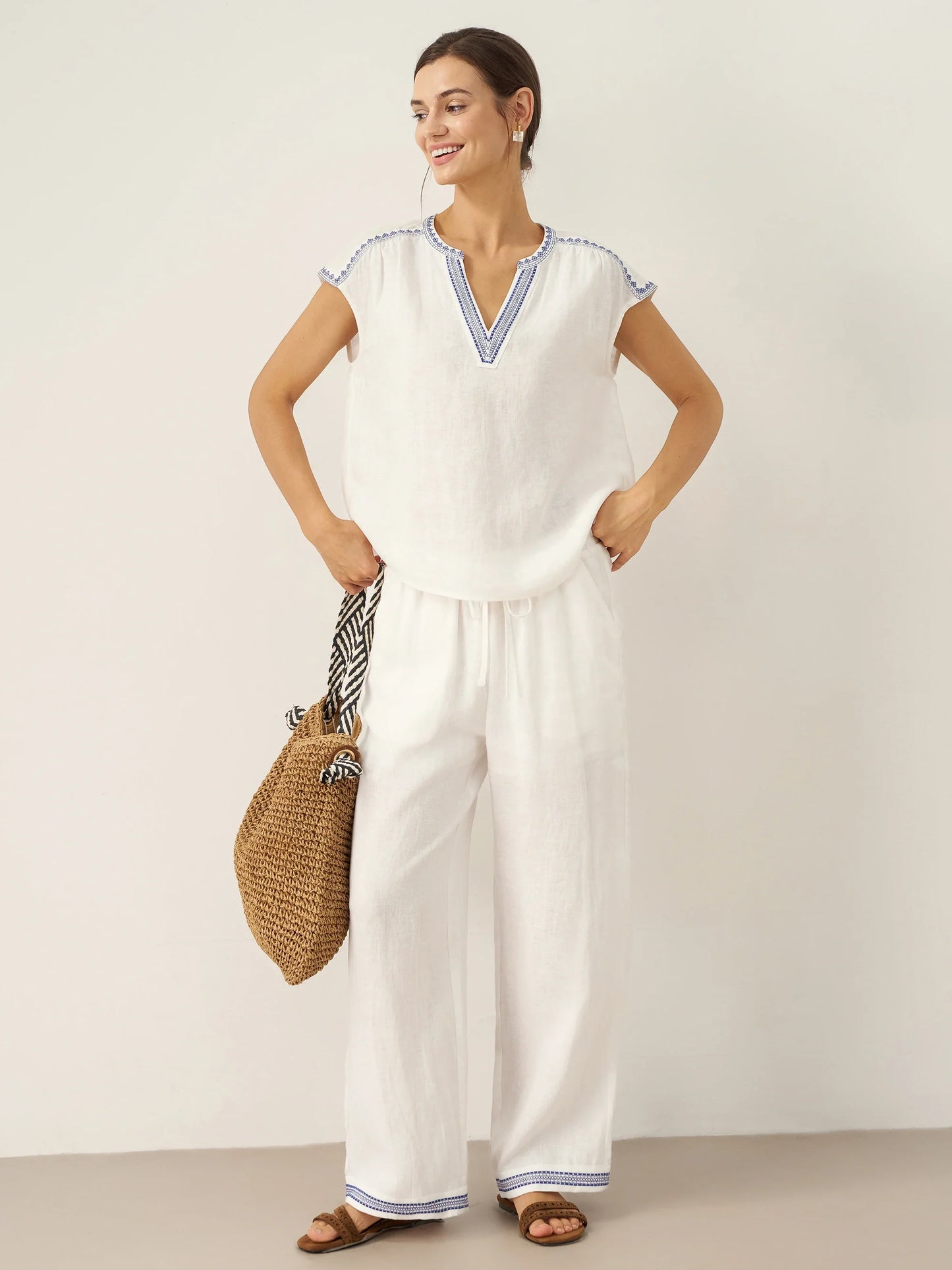 FENE Embroidered Elastic Waist Pants