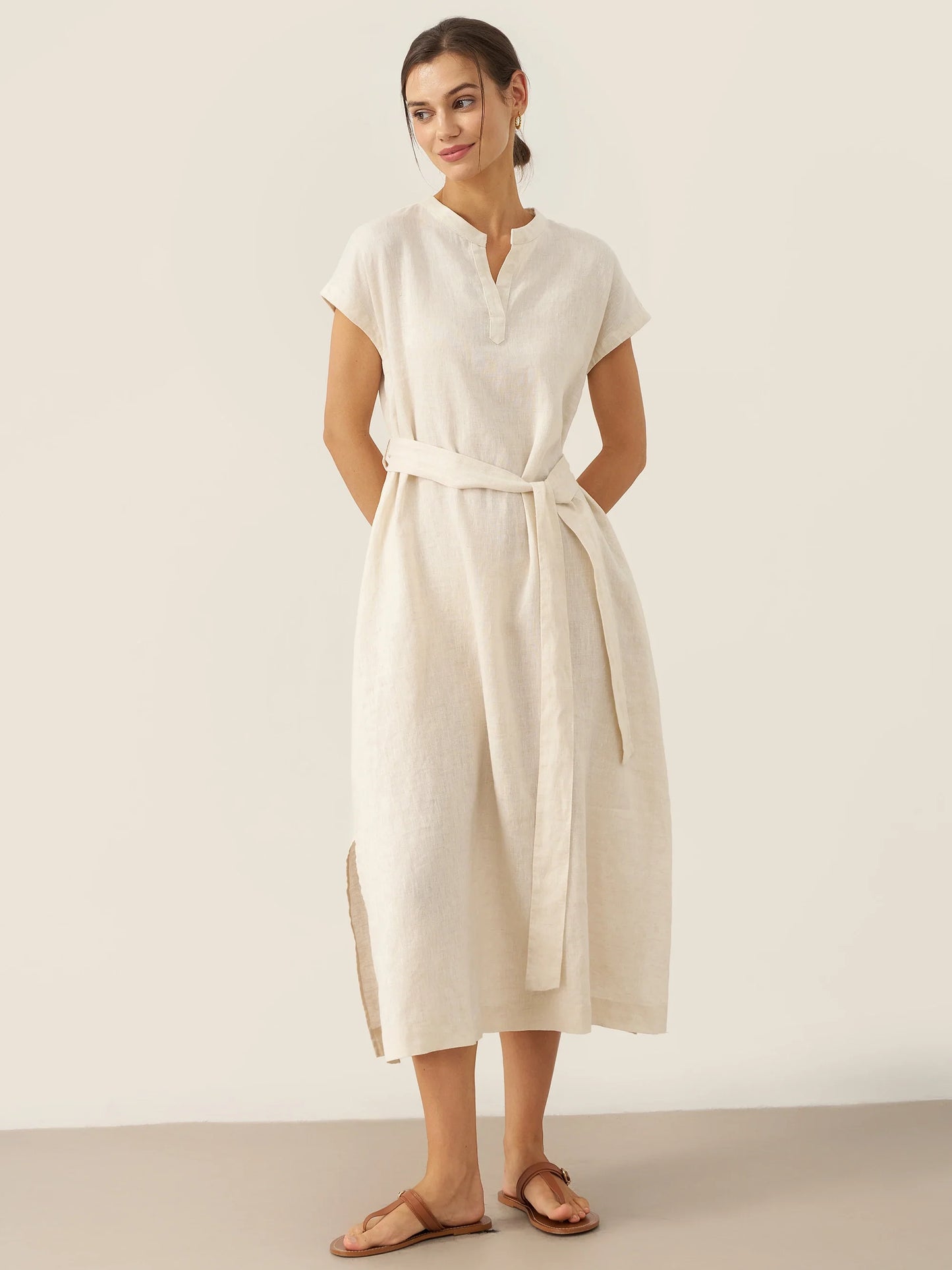 MARGARET Mandarin Collar Midi Dress w/ Belt