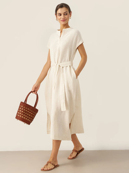 MARGARET Mandarin Collar Midi Dress w/ Belt