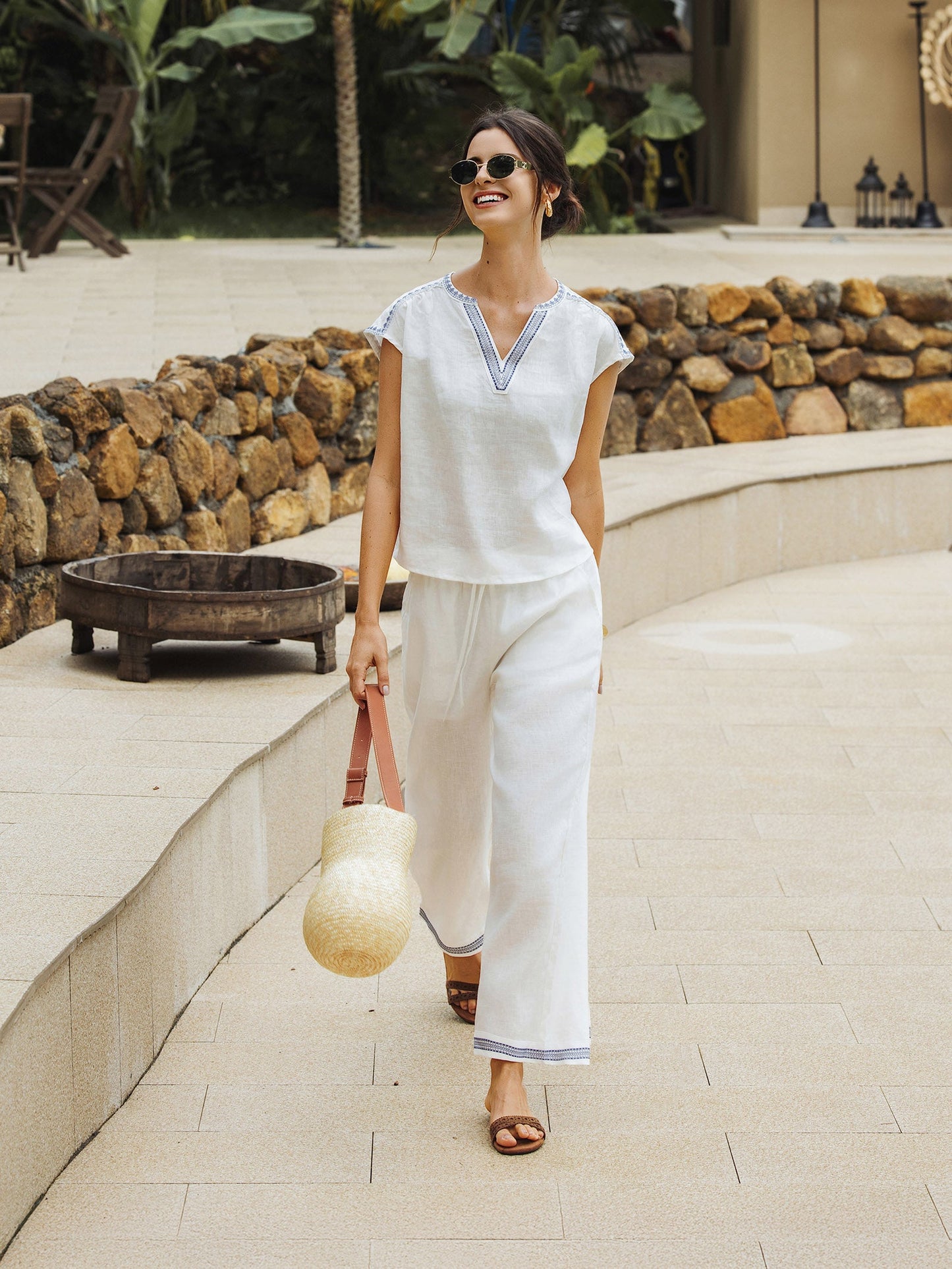 FENE Embroidered Elastic Waist Pants