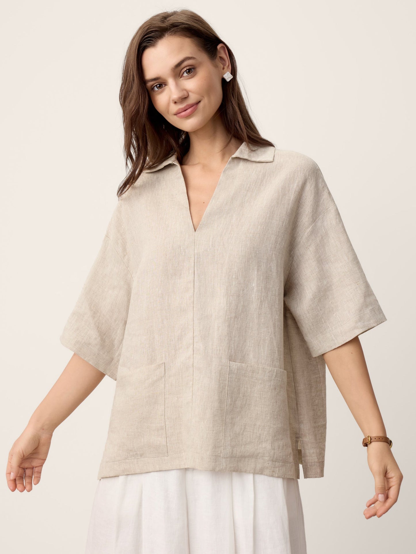 BRENNA Camp-Collar Patch-Pocket Top