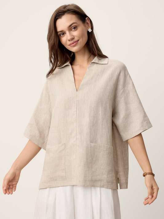 BRENNA Camp-Collar Patch-Pocket Top
