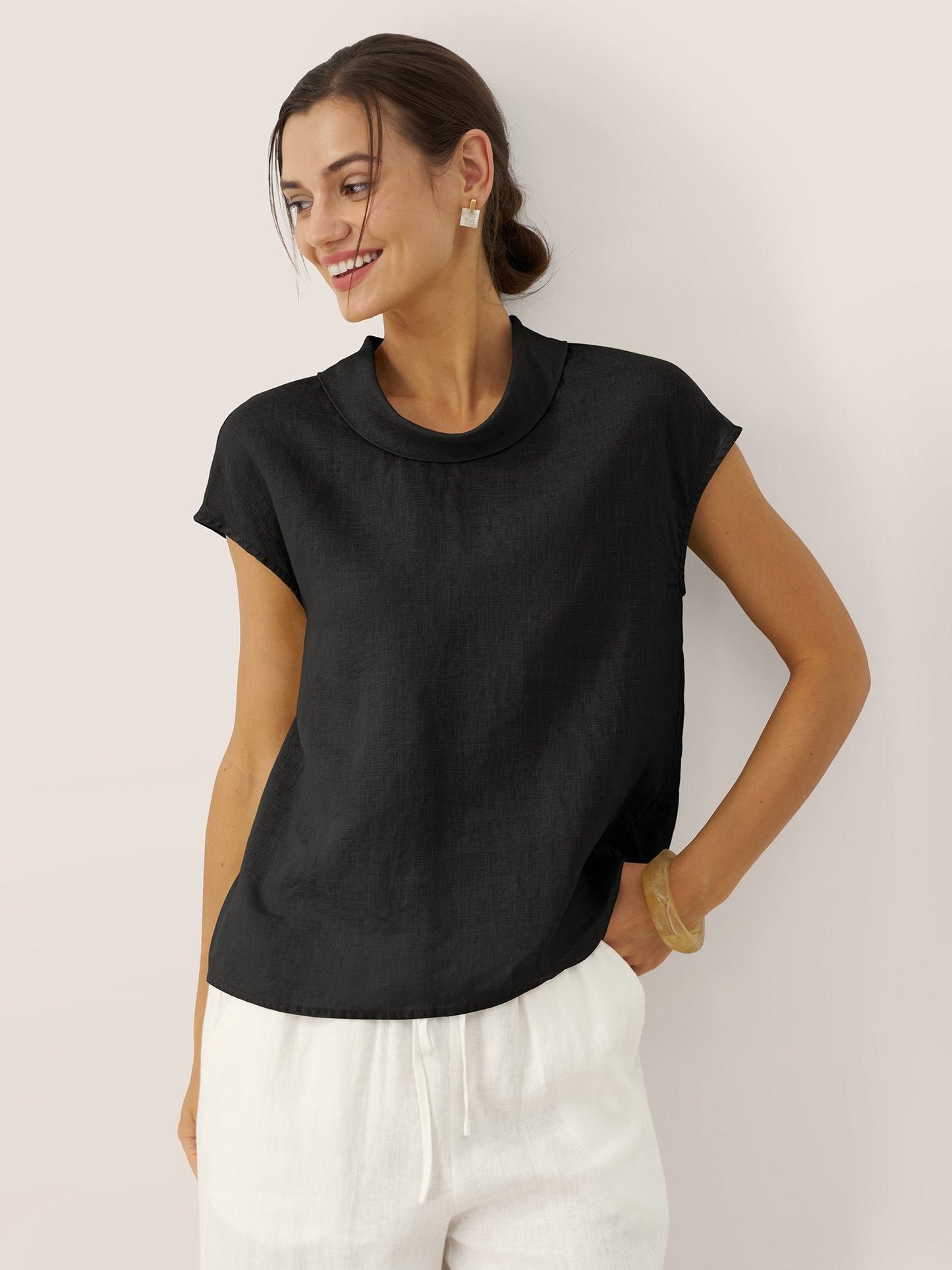 YVONNE Cap Sleeve Soft-Fold Collar Top