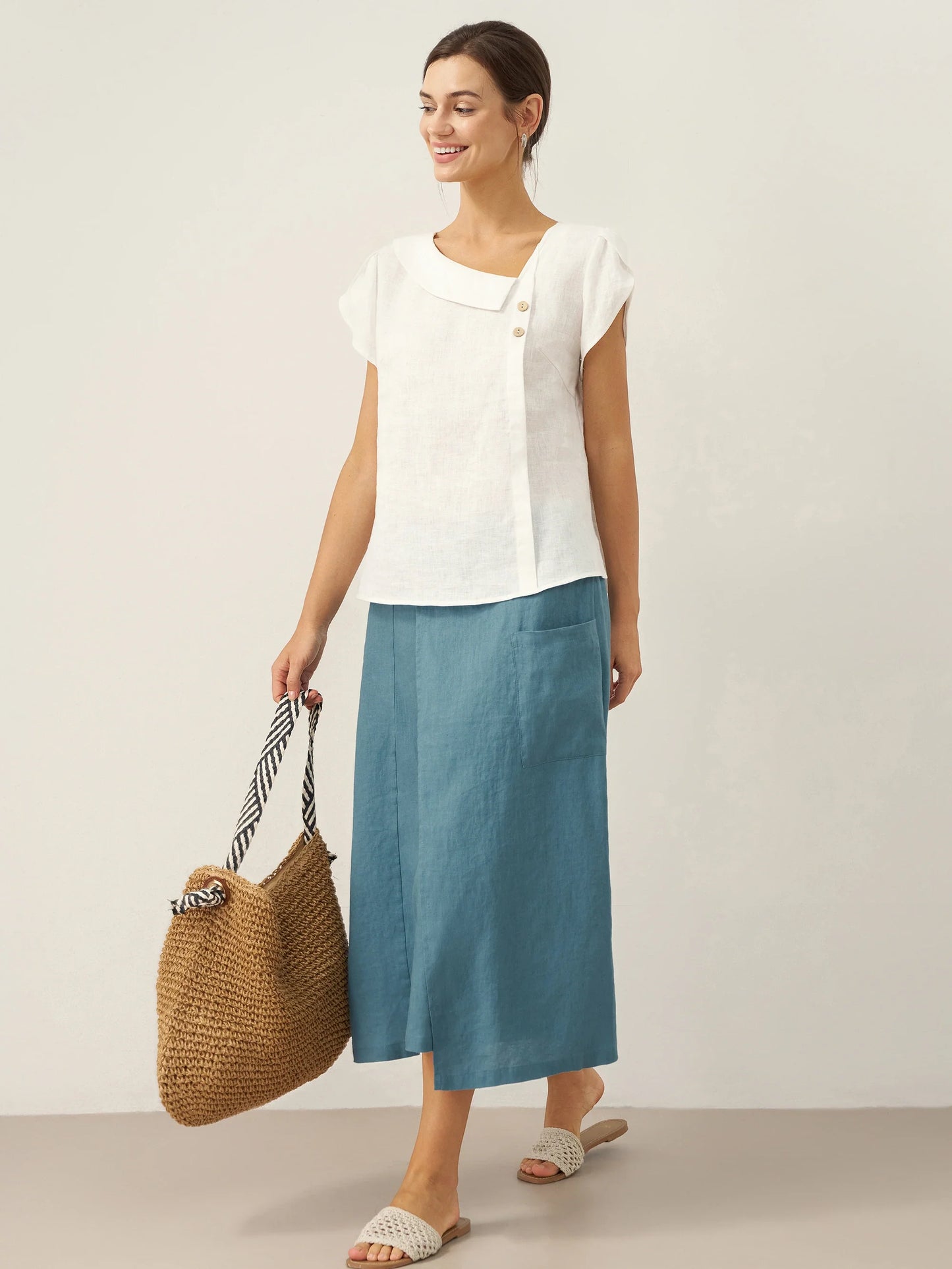 FARA Crescent Collar Flutter Sleeve Top