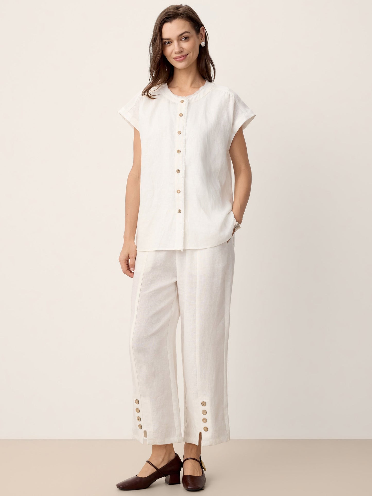 INDIRA Frayed-Trim Drop-Shoulder Top