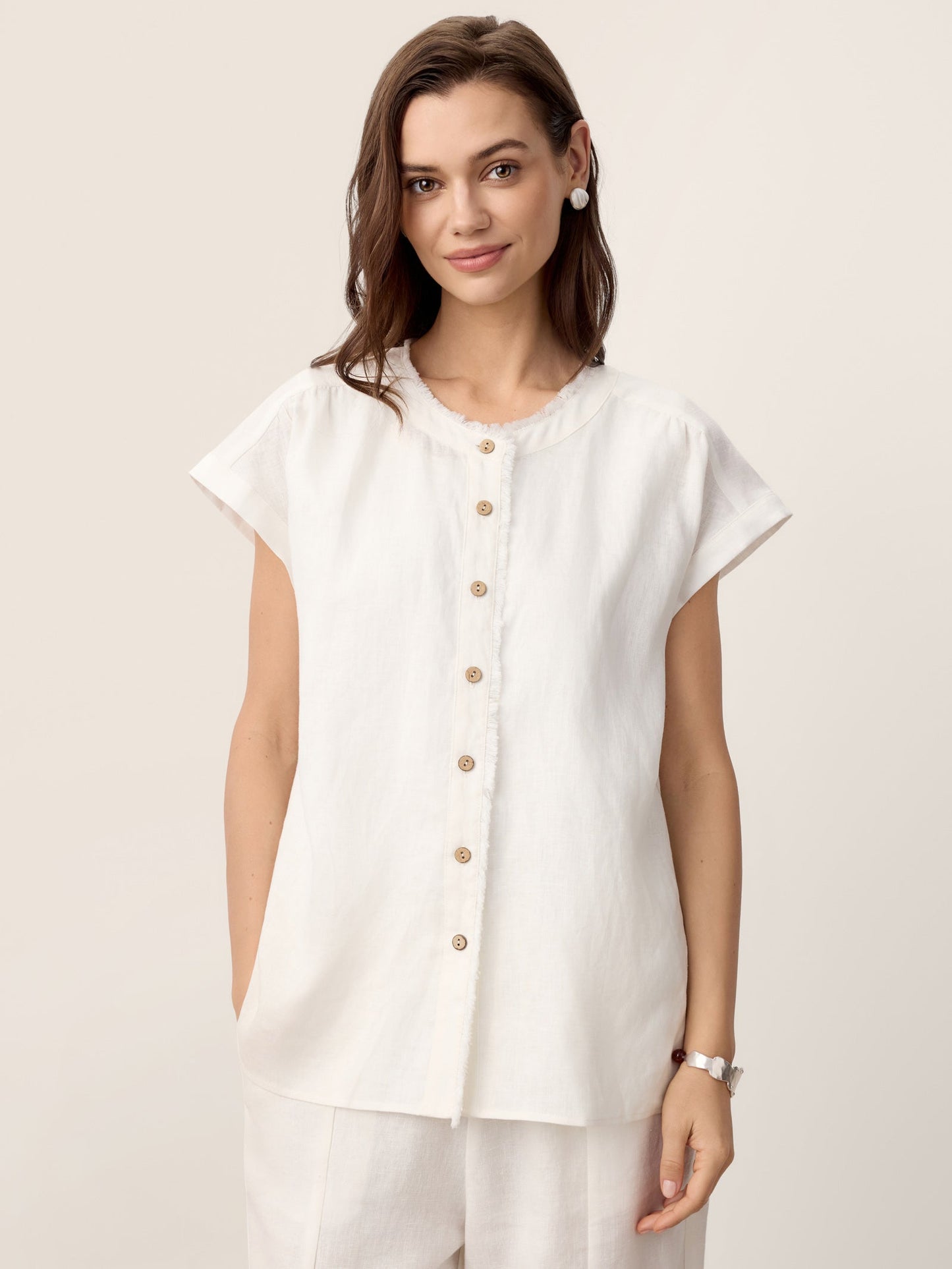 INDIRA Frayed-Trim Drop-Shoulder Top