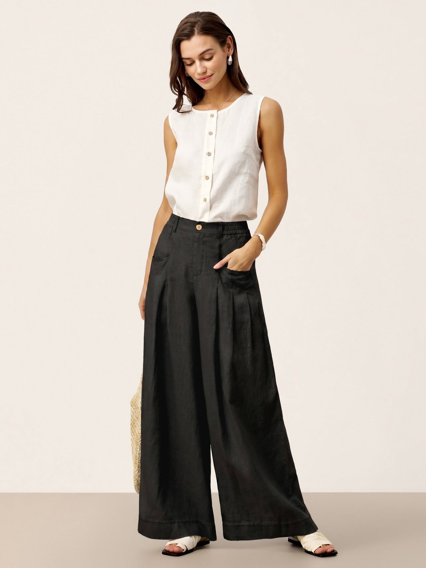 VERIDIANA Sculpted Pleat Elasticated Back Relaxed Pants