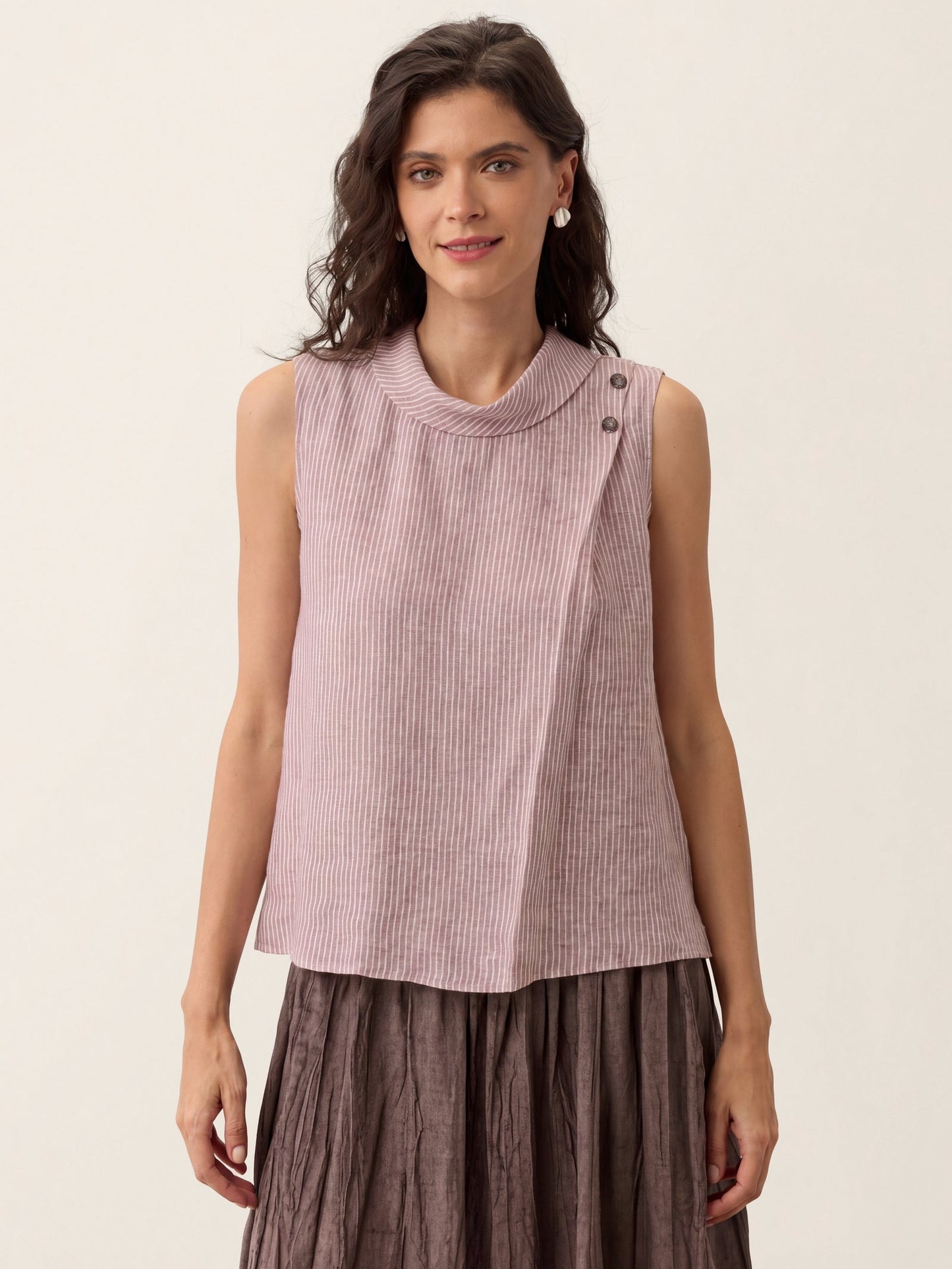 ESTHER Striped Diagonal Pleat Mock Neck Top