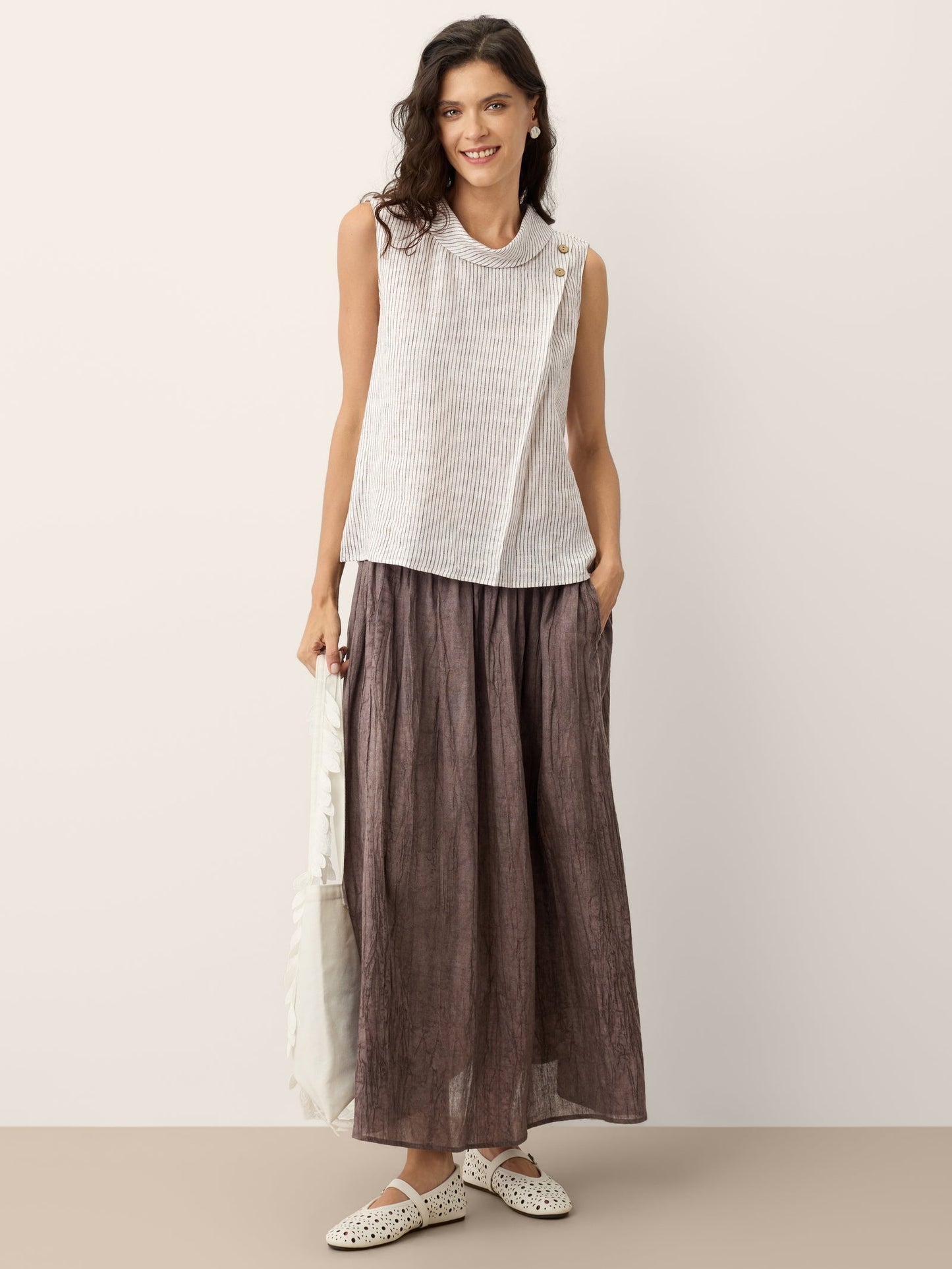 ESTHER Striped Diagonal Pleat Mock Neck Top