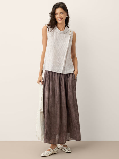 ESTHER Striped Diagonal Pleat Mock Neck Top