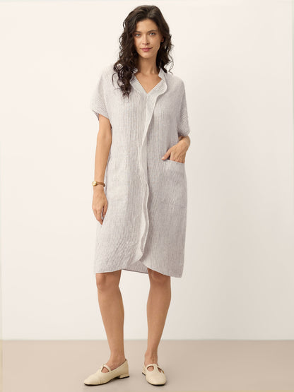 GLORIA Striped Ruffle Placket Shirt Dress