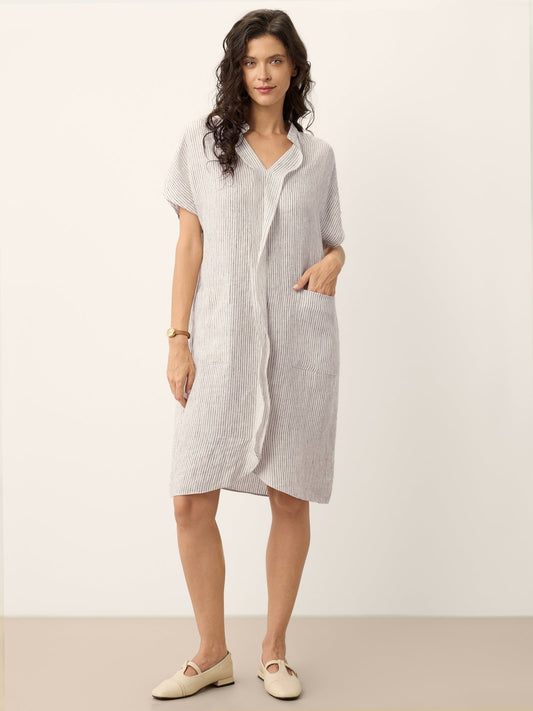 GLORIA Striped Ruffle Placket Shirt Dress