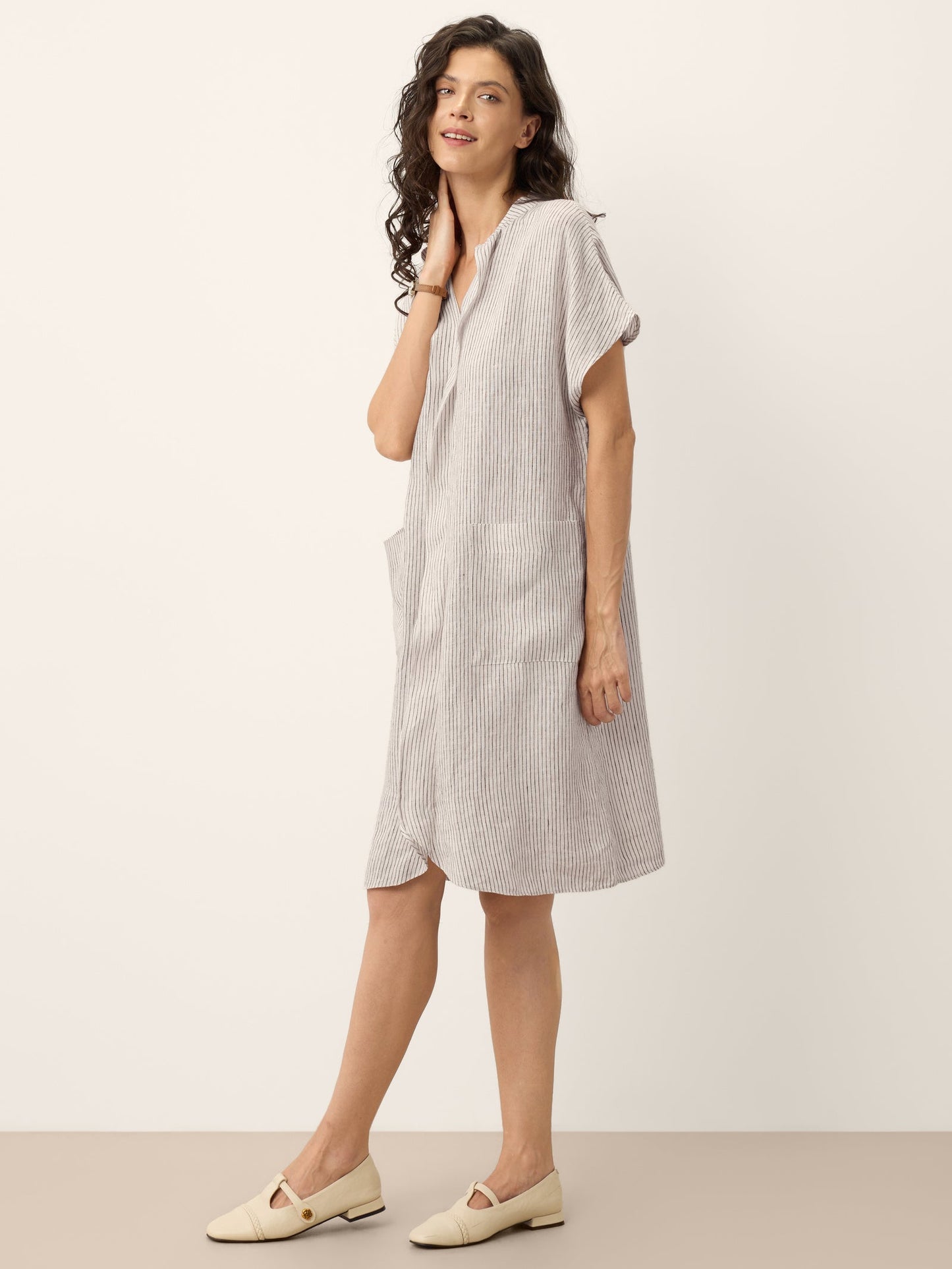 GLORIA Striped Ruffle Placket Shirt Dress