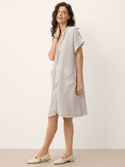 GLORIA Striped Ruffle Placket Shirt Dress