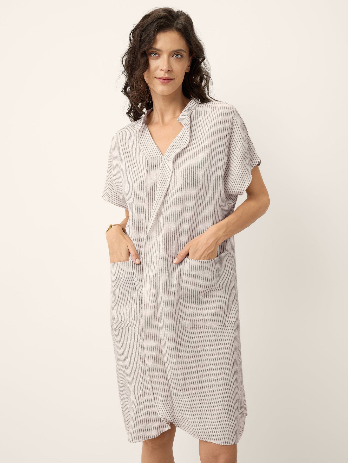 GLORIA Striped Ruffle Placket Shirt Dress