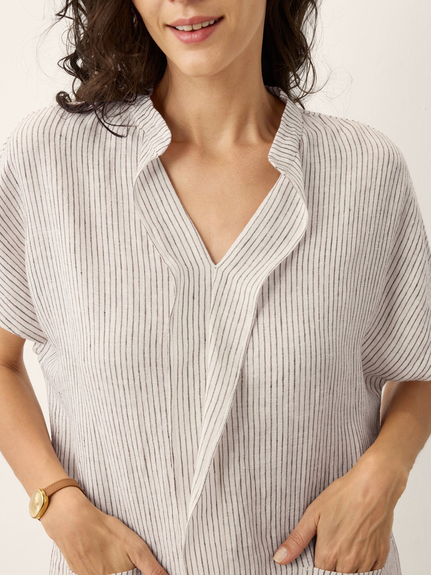 GLORIA Striped Ruffle Placket Shirt Dress