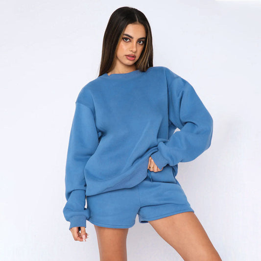 Solid Color Round Neck Long Sleeve Sweater Women Casual Shortt Set