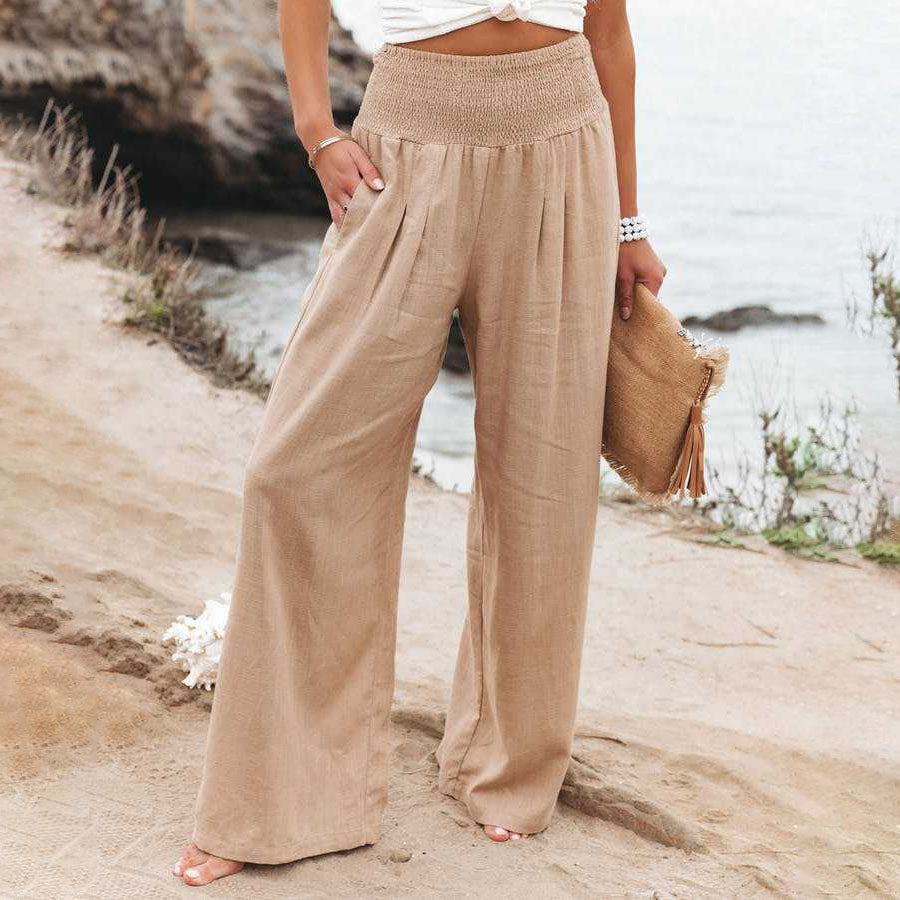 Cotton Linen Elastic Waist Wide Leg Pants