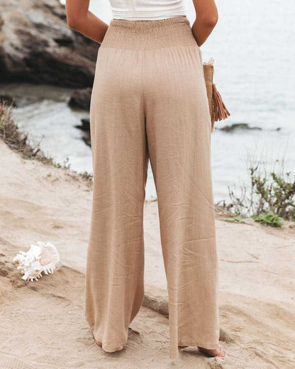 Cotton Linen Elastic Waist Wide Leg Pants