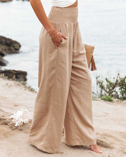 Cotton Linen Elastic Waist Wide Leg Pants