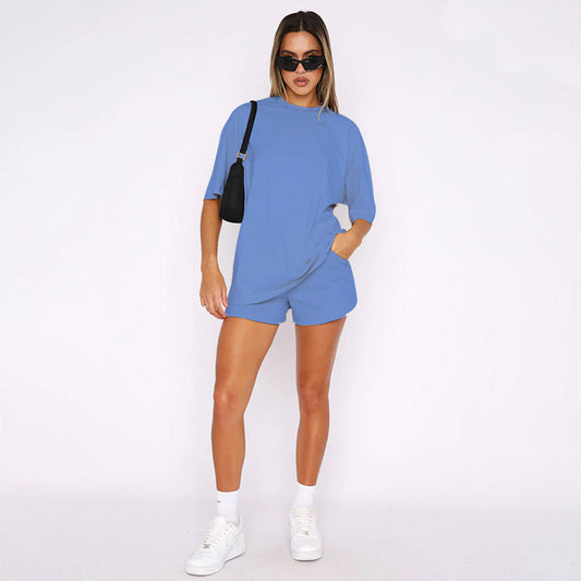 Solid Color Round Neck Half Sleeve Pullover Casual Two-Piece Set