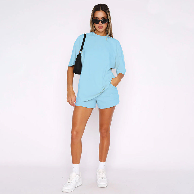 Solid Color Round Neck Half Sleeve Pullover Casual Two-Piece Set