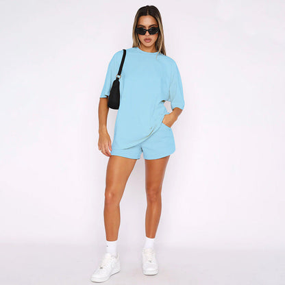 Solid Color Round Neck Half Sleeve Pullover Casual Two-Piece Set