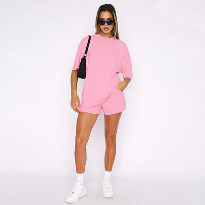 Solid Color Round Neck Half Sleeve Pullover Casual Two-Piece Set