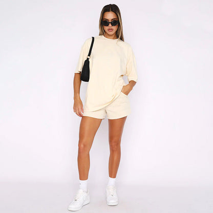 Solid Color Round Neck Half Sleeve Pullover Casual Two-Piece Set