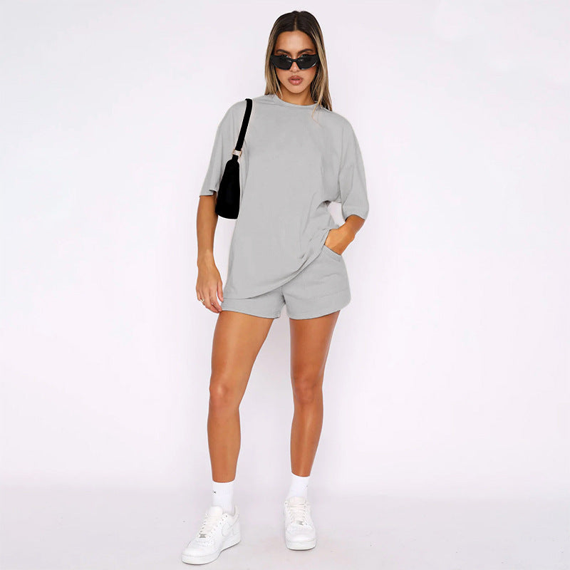 Solid Color Round Neck Half Sleeve Pullover Casual Two-Piece Set