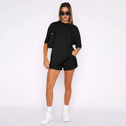 Solid Color Round Neck Half Sleeve Pullover Casual Two-Piece Set