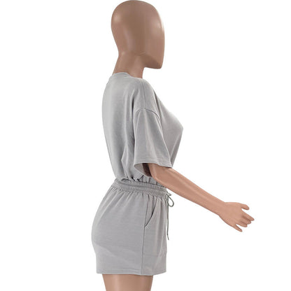Solid Color Round Neck Half Sleeve Pullover Casual Two-Piece Set