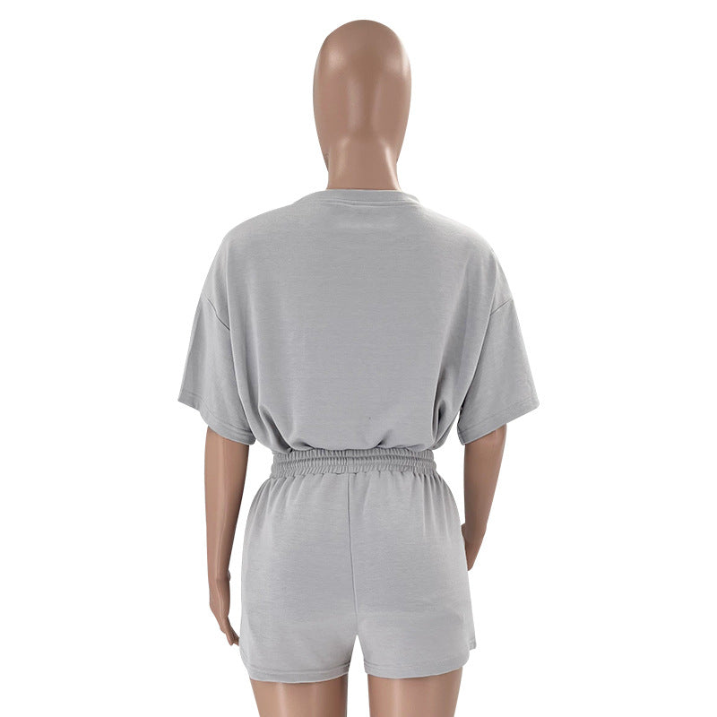 Solid Color Round Neck Half Sleeve Pullover Casual Two-Piece Set
