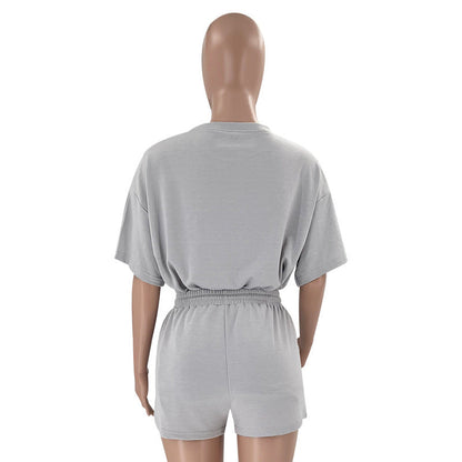 Solid Color Round Neck Half Sleeve Pullover Casual Two-Piece Set