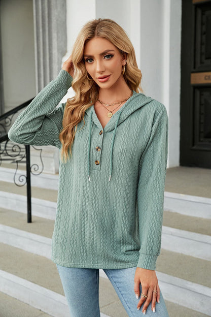 Solid Color Hooded Button Long Sleeve