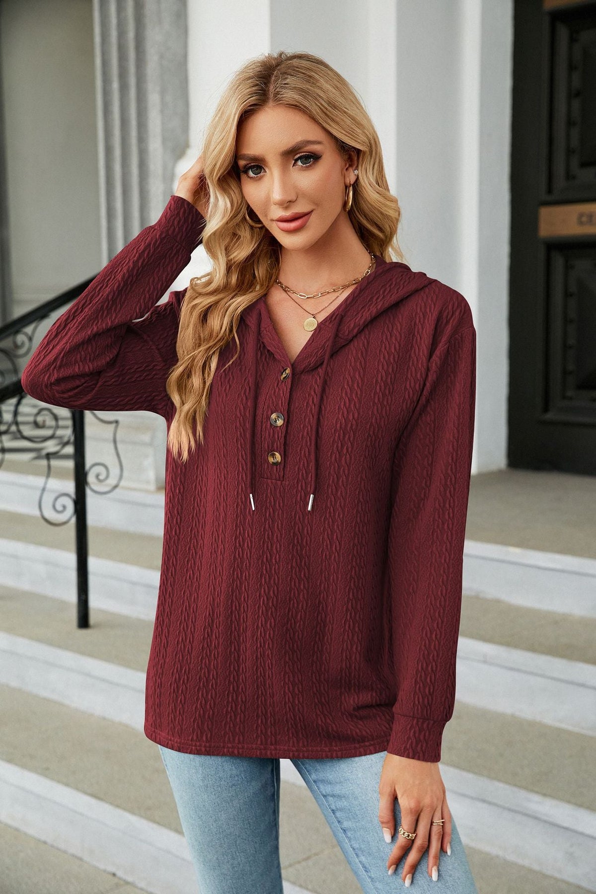 Solid Color Hooded Button Long Sleeve