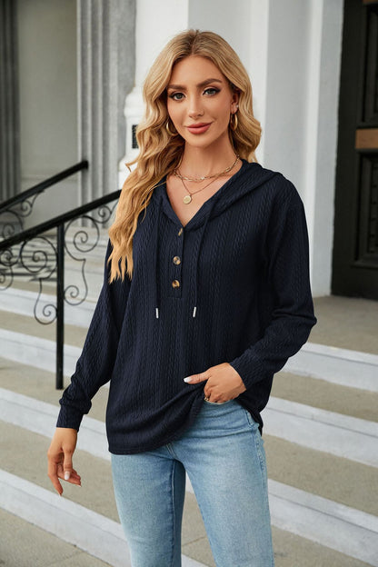 Solid Color Hooded Button Long Sleeve