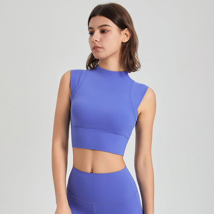 Lycra High Elastic Shockproof Turtleneck Fixed Cup Bra Vest Quick Drying Top